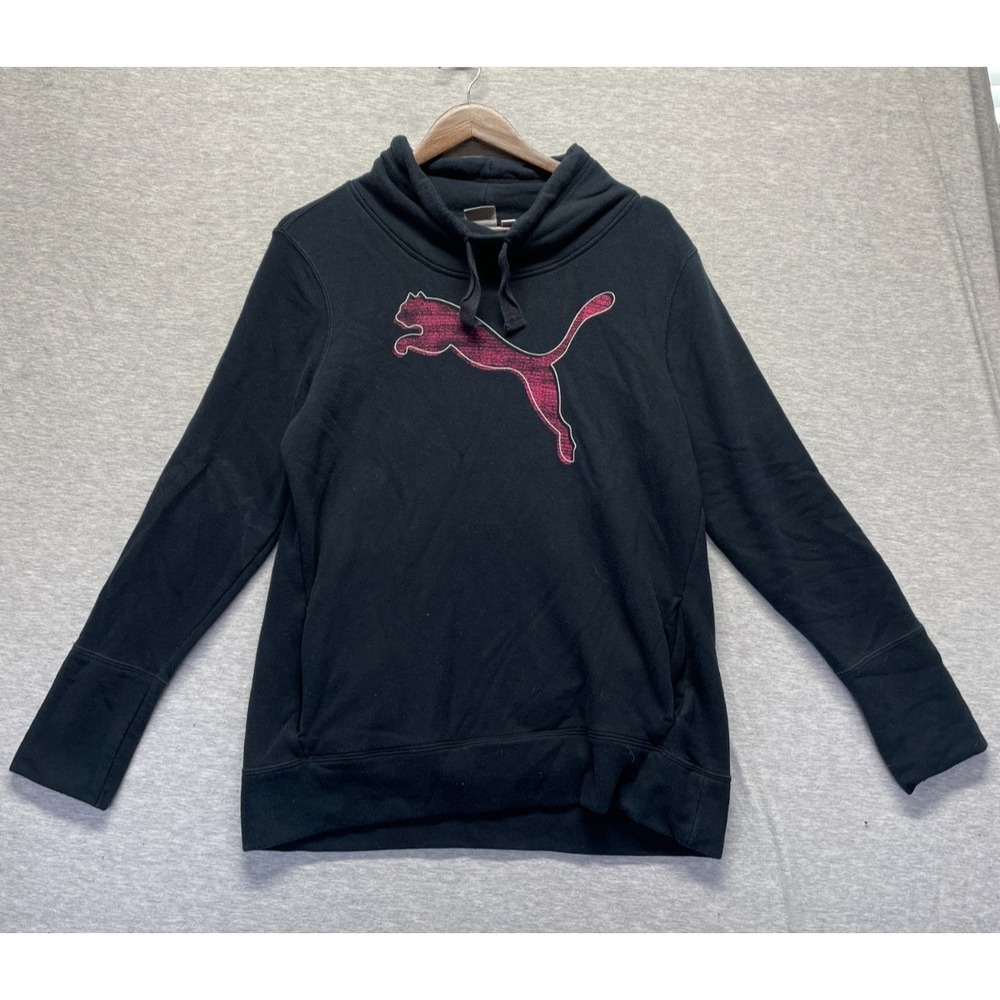 PUMA Sweatshirt Women's XL Black Logo Long Sleeve Casual Everyday Tie Cowl Neck